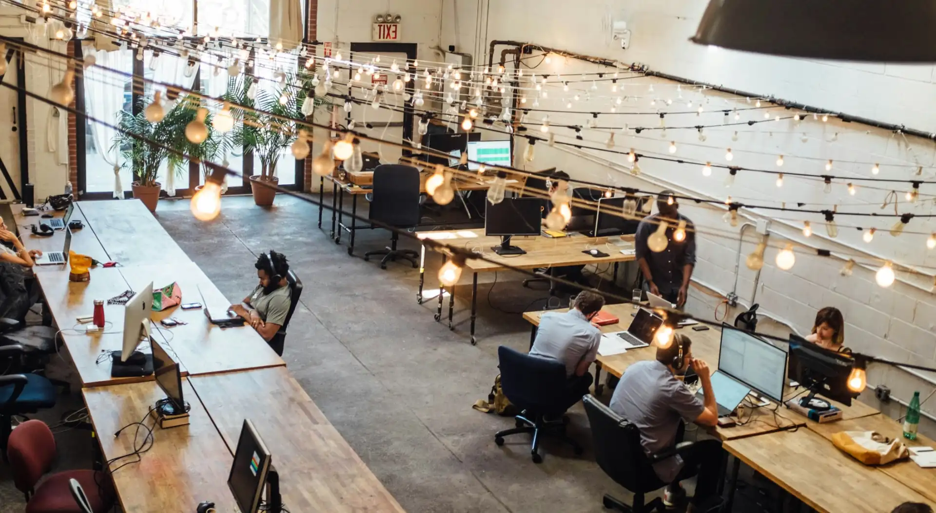 Oficina moderna con vegetación y personas trabajando al fondo